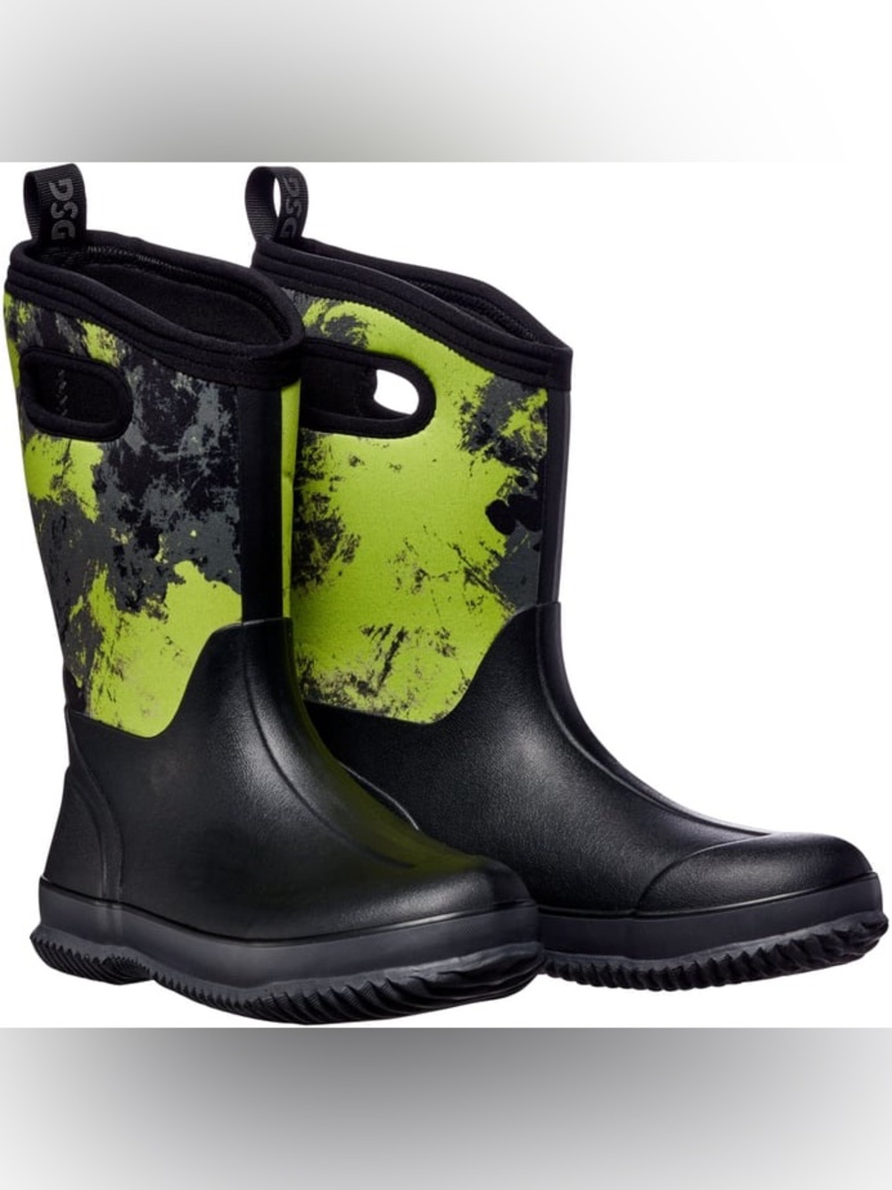 DSG Kids' Snowbound Winter Boots in a black and lime-green splash/camo pattern